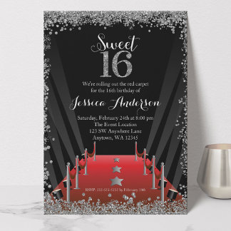 Red Tepet Hollywood Silver Glitzer Sweet 16 Einladung