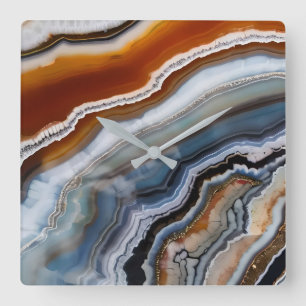 Red Terracotta White Black Blue Gold Agate Geode Quadratische Wanduhr