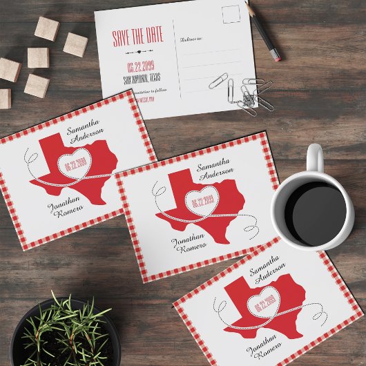 Red Texas Curling Ribbon Save the Date Postkarte