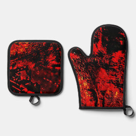 Red texture pot holder and oven mitt,Dark abstract Ofenhandschuh & Topflappen-Set
