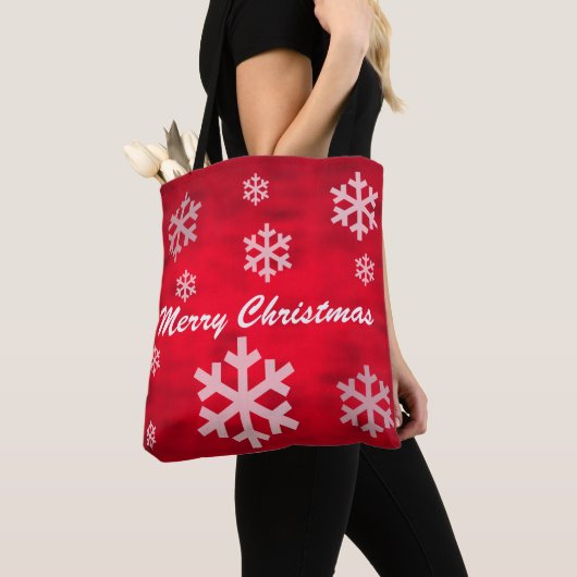 Red Textured Frohe Weihnachten mit Schneeflocken Tasche (Von Nahem)