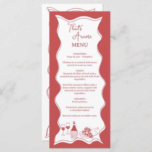 Red That's Amore Italian Pizza Wine Brautparty Menükarte (Vorne/Hinten)