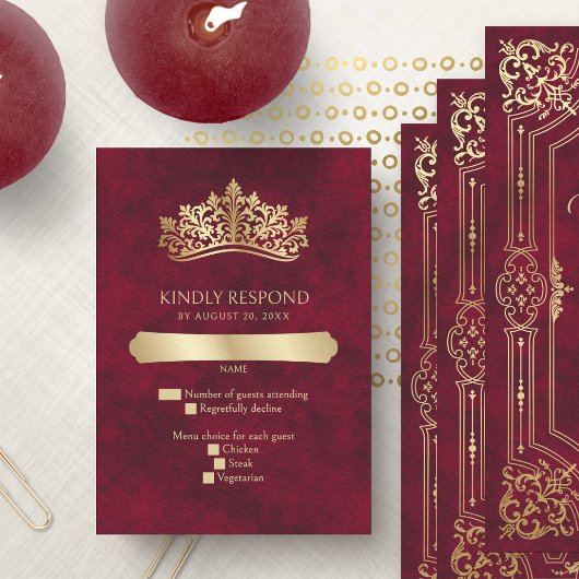 Red Tiara Crown Elegante Quinceanera RSVP Karte