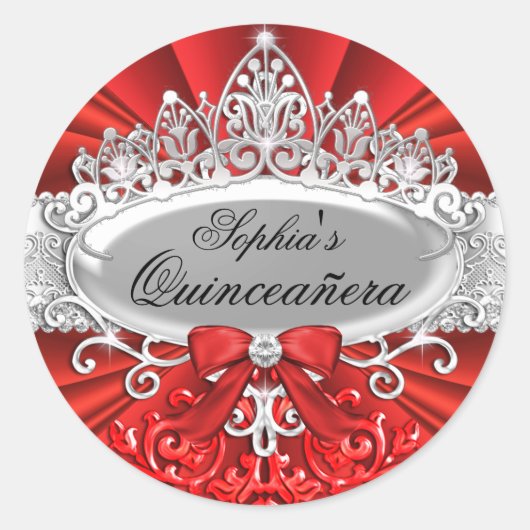 Red Tiara & Damask Quinceanera Sticker (Vorderseite)