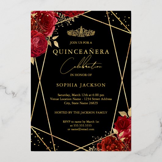 Red Tiara Floral Gold Quinceanera Modern Folieneinladung (Vorderseite)