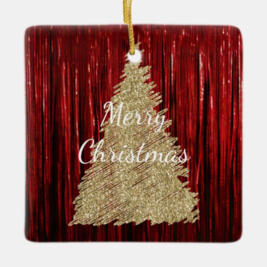 Red Tinsel Gold Weihnachtsbaum Keramikornament (Vorderseite)