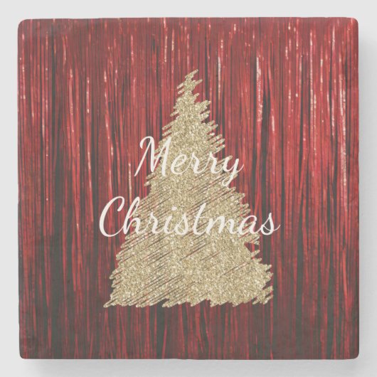 Red Tinsel Gold Weihnachtsbaum Steinuntersetzer (Vorderseite)