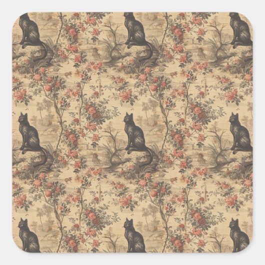 Red Toile Chinoiserie Cat Damask Quadratischer Aufkleber (Vorderseite)