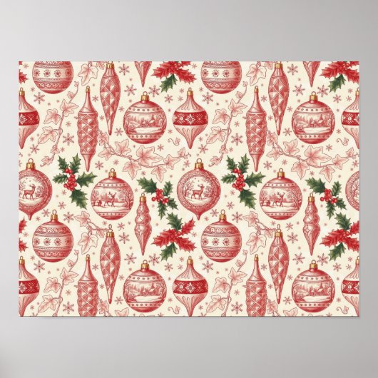 Red Toile Chinoiserie Christmas Ornaments Poster (Vorne)