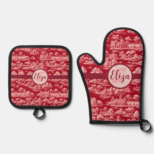 Red Toile de Jouy Ofenhandschuh & Topflappen-Set (Vorderseite)