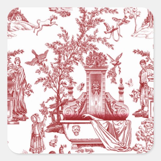 Red Toile Muster Quadratischer Aufkleber (Vorderseite)