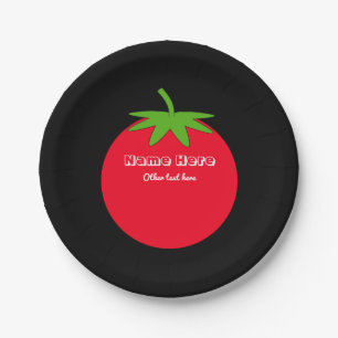 Red Tomato White Custom Text on Black, Food Themed Pappteller