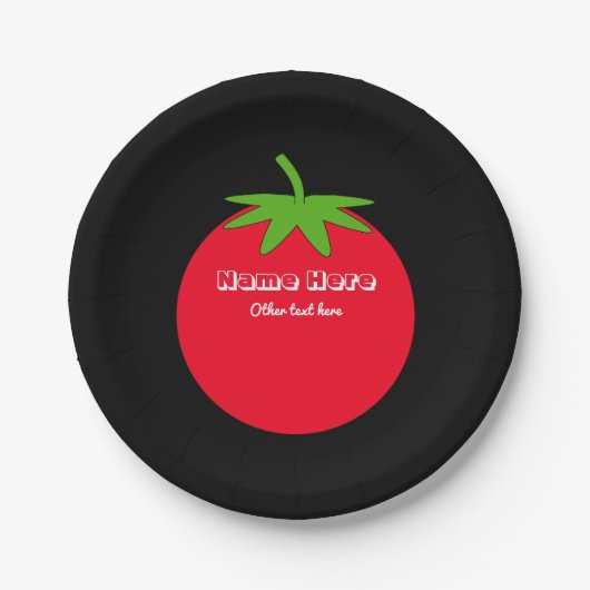 Red Tomato White Custom Text on Black, Food Themed Pappteller (Vorderseite)