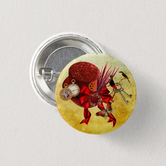 Red Top Hat Vögel Taschenuhr Steampunk Art Button (Vorne & Hinten)