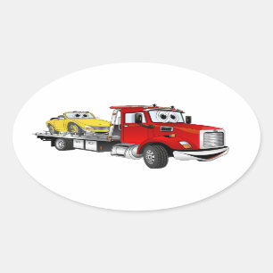 Red Tow Truck Flatbed Cartoon Ovaler Aufkleber