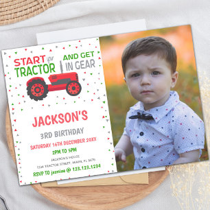 Red Tractor Birthday Invitations with photo Einladung