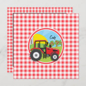 Red Tractor on Red and White Gingham Einladung (Vorne/Hinten)