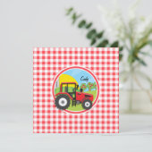 Red Tractor on Red and White Gingham Einladung (Stehend Vorderseite)