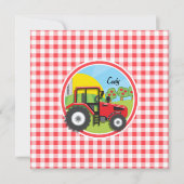 Red Tractor on Red and White Gingham Einladung (Vorderseite)