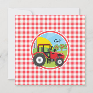 Red Tractor on Red and White Gingham Einladung