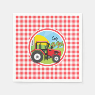 Red Tractor on Red and White Gingham Serviette