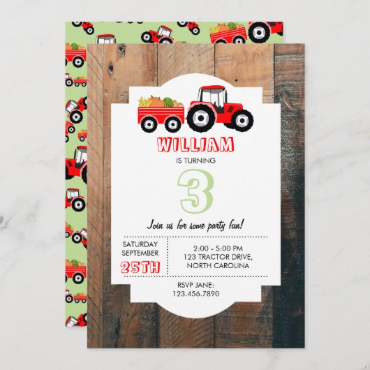 Red Tractor Truck Farm Produzieren Geburtstag Einladung (Vorne/Hinten)