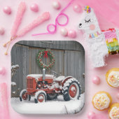 Red Tractor With Christmas Wreath Pappteller (Party)