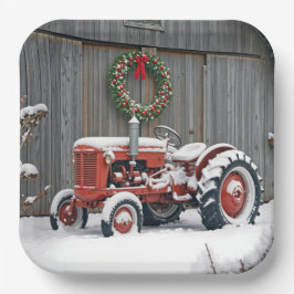 Red Tractor With Christmas Wreath Pappteller