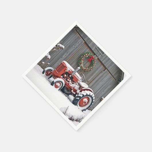 Red Tractor With Christmas Wreath Serviette (Ecke)