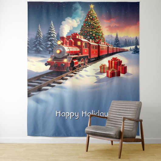 Red Train Christmas Tree Holiday Backdrop Wandteppich (Beispiel)