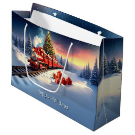 Red Train Christmas Tree Holiday Gift Bag Große Geschenktüte