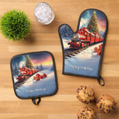 Red Train Christmas Tree Holiday Ofenhandschuh & Topflappen-Set (Oben Unten)