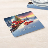 Red Train Christmas Tree Holiday Paper Coaster Rechteckiger Pappuntersetzer (angewinkelt)