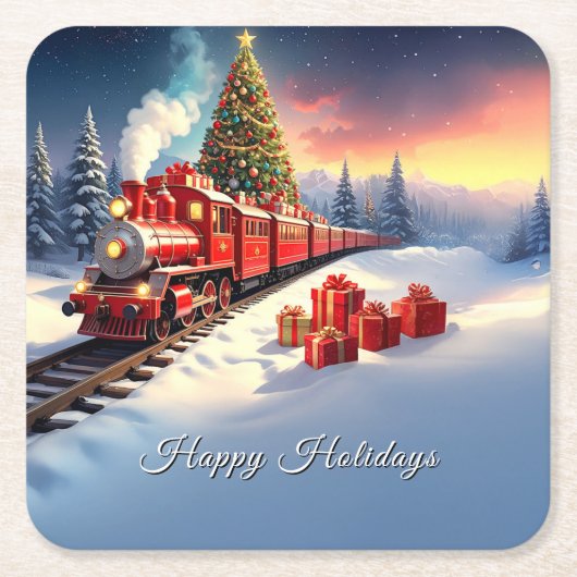 Red Train Christmas Tree Holiday Paper Coaster Rechteckiger Pappuntersetzer (Vorderseite)