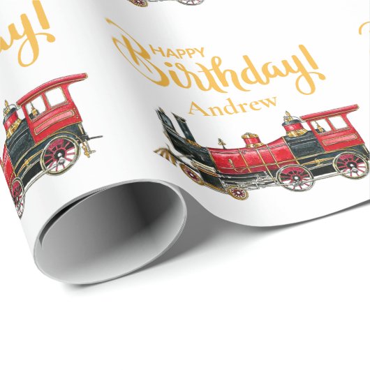 Red Train Happy Birthday Geschenkpapier (Rolleneckpunkt)