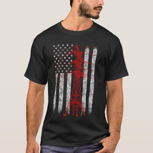 Red Transmission Tower American Flag Lineman Elect T-Shirt (Vorderseite)