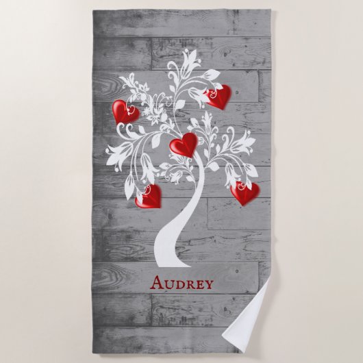 Red Tree of Hearts Personalisiert Beach Handtuch (Vorderseite)