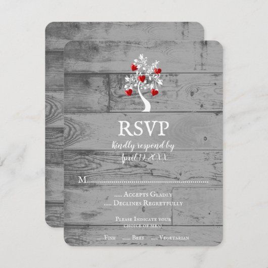 Red Tree of Hearts Wedding RSVP Card (Vorne/Hinten)