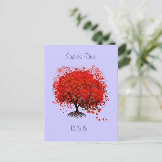 Red Tree on Perwinkle Wedding Save the Date Ankündigungspostkarte (Stehend Vorderseite)