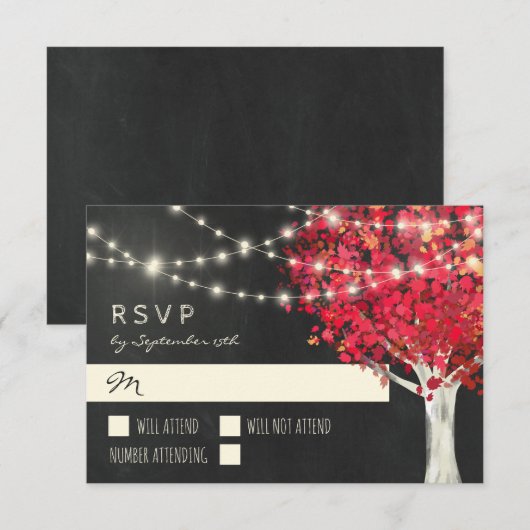 Red Tree & String Lights Herbsthochzeit RSVP Karte (Vorne/Hinten)