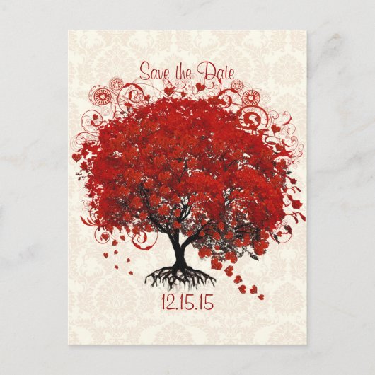 Red Tree Wedding Save the Date Silver Cloud Damask Ankündigungspostkarte (Vorderseite)