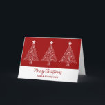 Red Trees Son & Son in Law Frohe Weihnachten Karte<br><div class="desc">Frohe Weihnachten für Sohn und Sohn in Jura-Karte in modernem Rot mit verzierten Weihnachtsbaumabbildungen.</div>