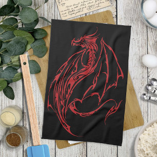 Red Tribal Dragon Black Geschirrtuch