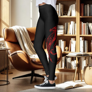 Red Tribal Dragon Black Leggings