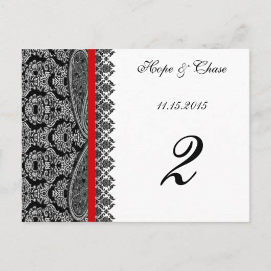 Red Trim Black Damask Tischnummer Cards (Rückseite)