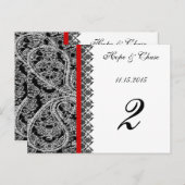 Red Trim Black Damask Tischnummer Cards (Vorne/Hinten)
