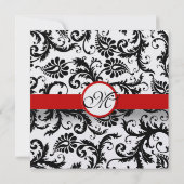 Red Trim Black Damask Wirbel Hochzeit Einladung (Rückseite)