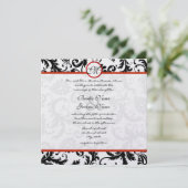 Red Trim Black Damask Wirbel Hochzeit Einladung (Stehend Vorderseite)