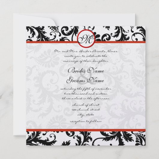 Red Trim Black Damask Wirbel Hochzeit Einladung (Vorderseite)