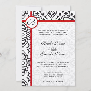 Red Trim Black Heart Damask Side Border Wedding Einladung